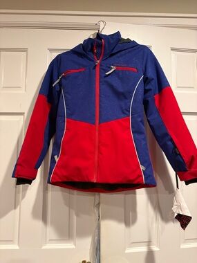 Spyder Kids Blue and Red Colorblock Puffer Jacket with Hood